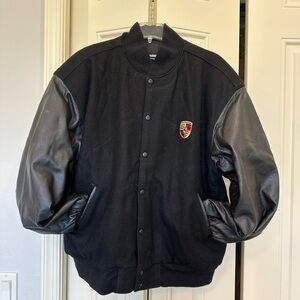 Vintage Porsche leather/wool varsity black bomber size large